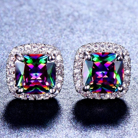 Rainbow Mystic Topaz Diamond Halo Stud Earrings - Picture 2 of 7